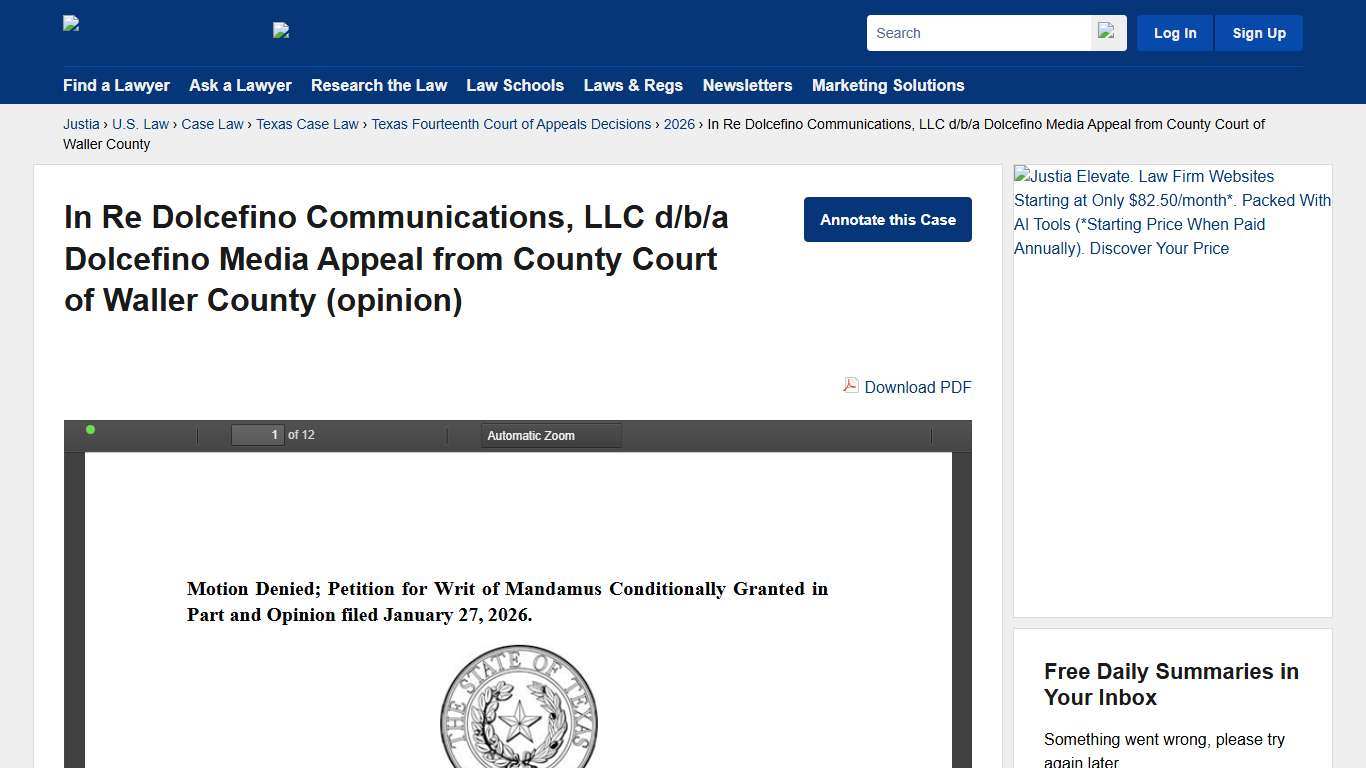 In Re Dolcefino Communications, LLC d/b/a Dolcefino Media Appeal from County Court of Waller County :: 2026 :: Texas Fourteenth Court of Appeals Decisions :: Texas Case Law :: Texas Law :: U.S. Law :: Justia